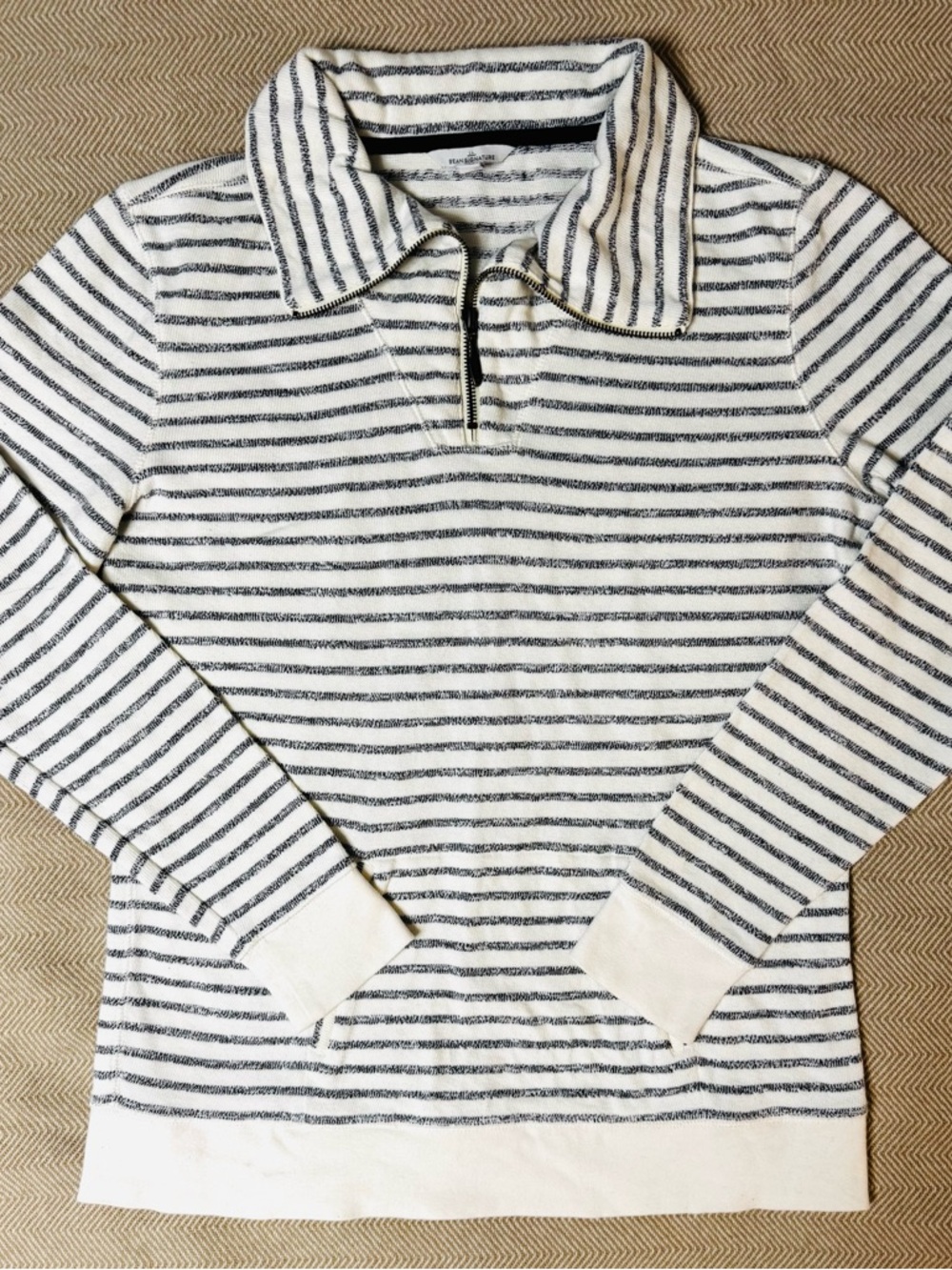 L.L.Bean Signature Striped Cotton Knit Quarter Zip Cream & Charcoal Sz Large